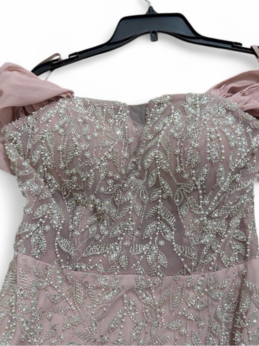 Embellished Off-Shoulder Evening Dress in Dusty Rose